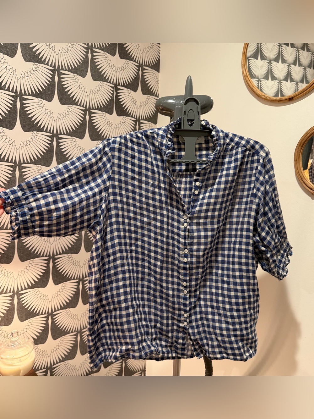 THE GREAT. Navy and White Gingham Button-Front Shirt